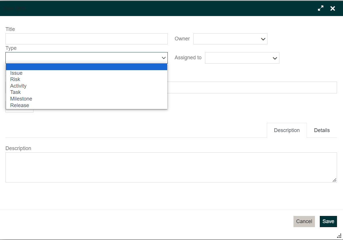 Item Type dropdown list