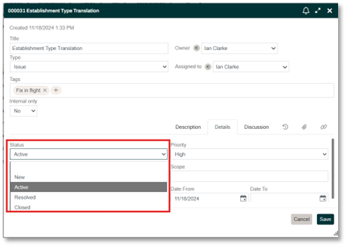 Item Details Status dropdown