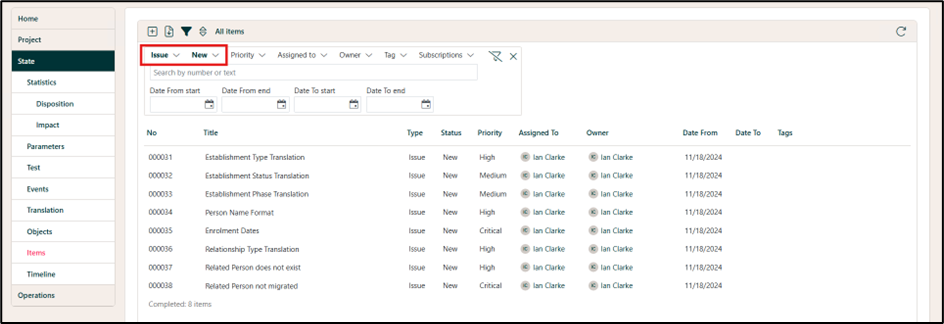 Items Filter options