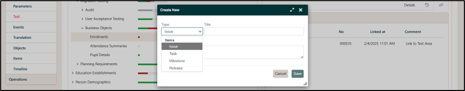 Test New Link dialog