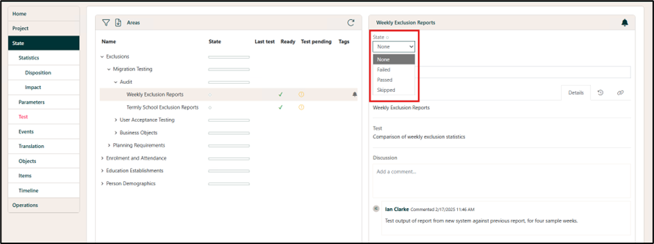Area Test State dropdown