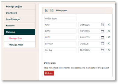 Manage Plan screen Milestone Dates