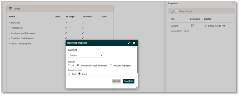 Snapshot Download dialog