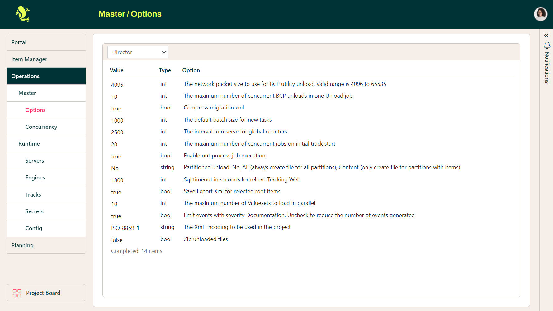 Options screen