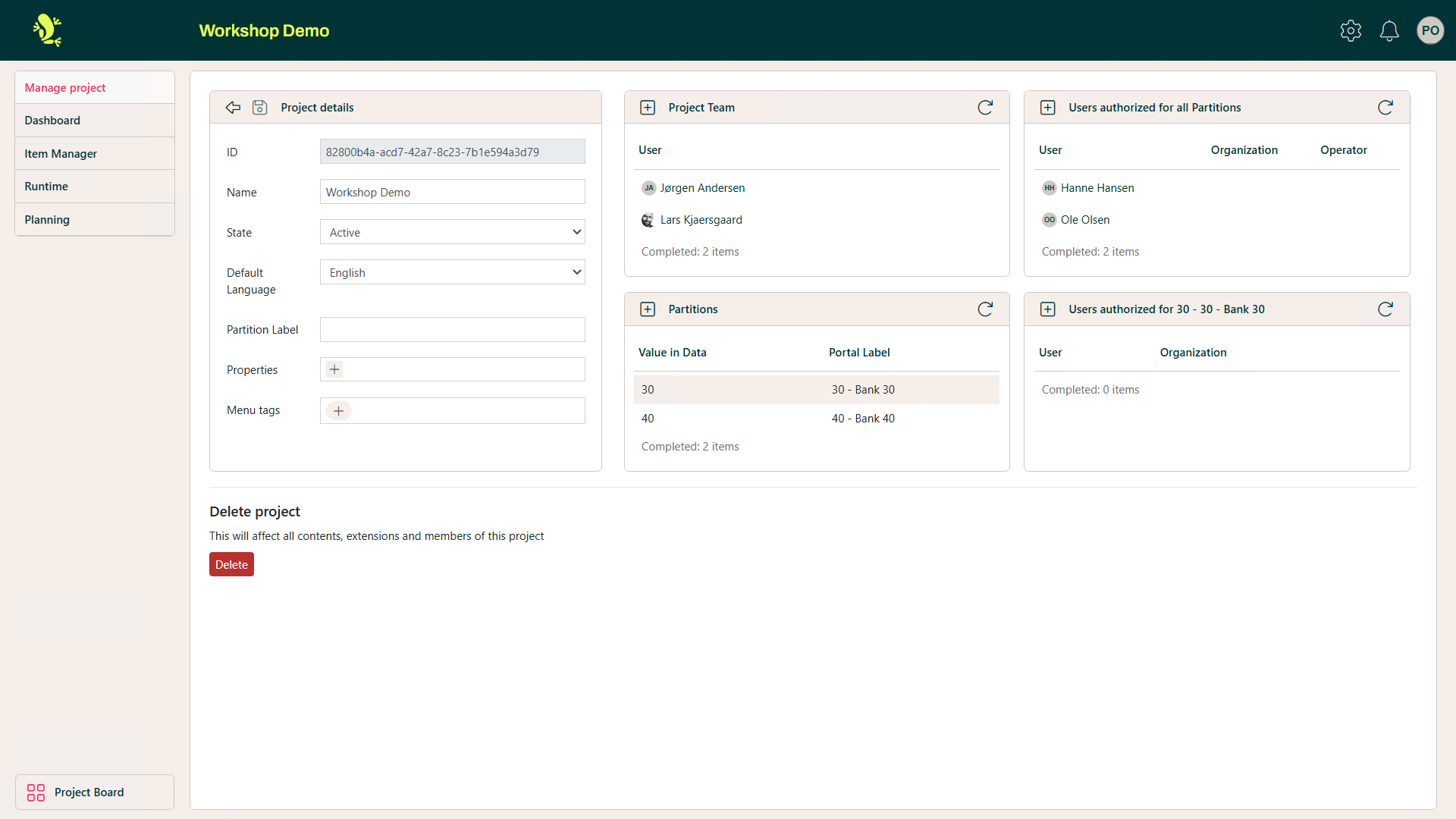 Manage Project screen