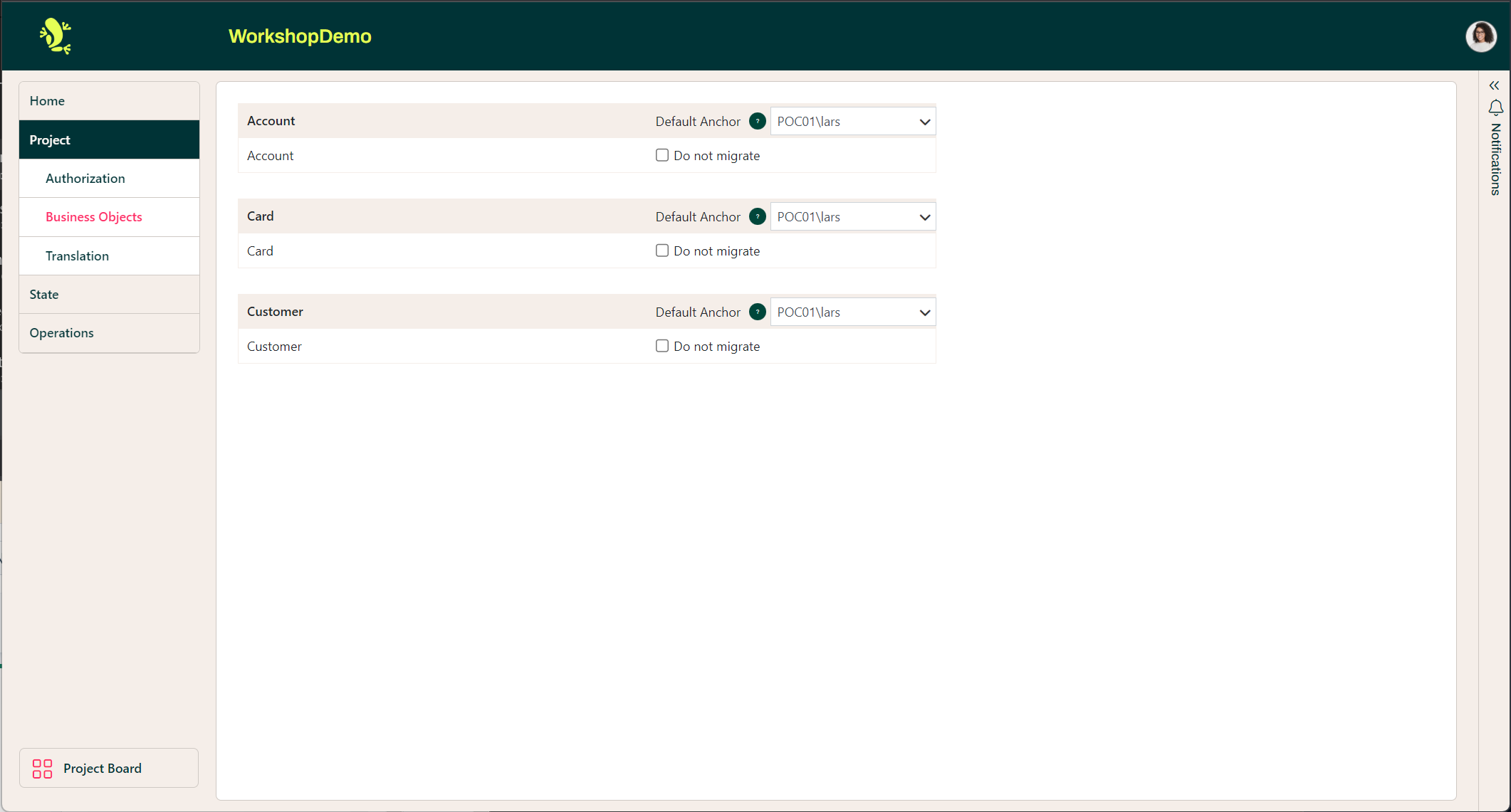 Business Objects screen