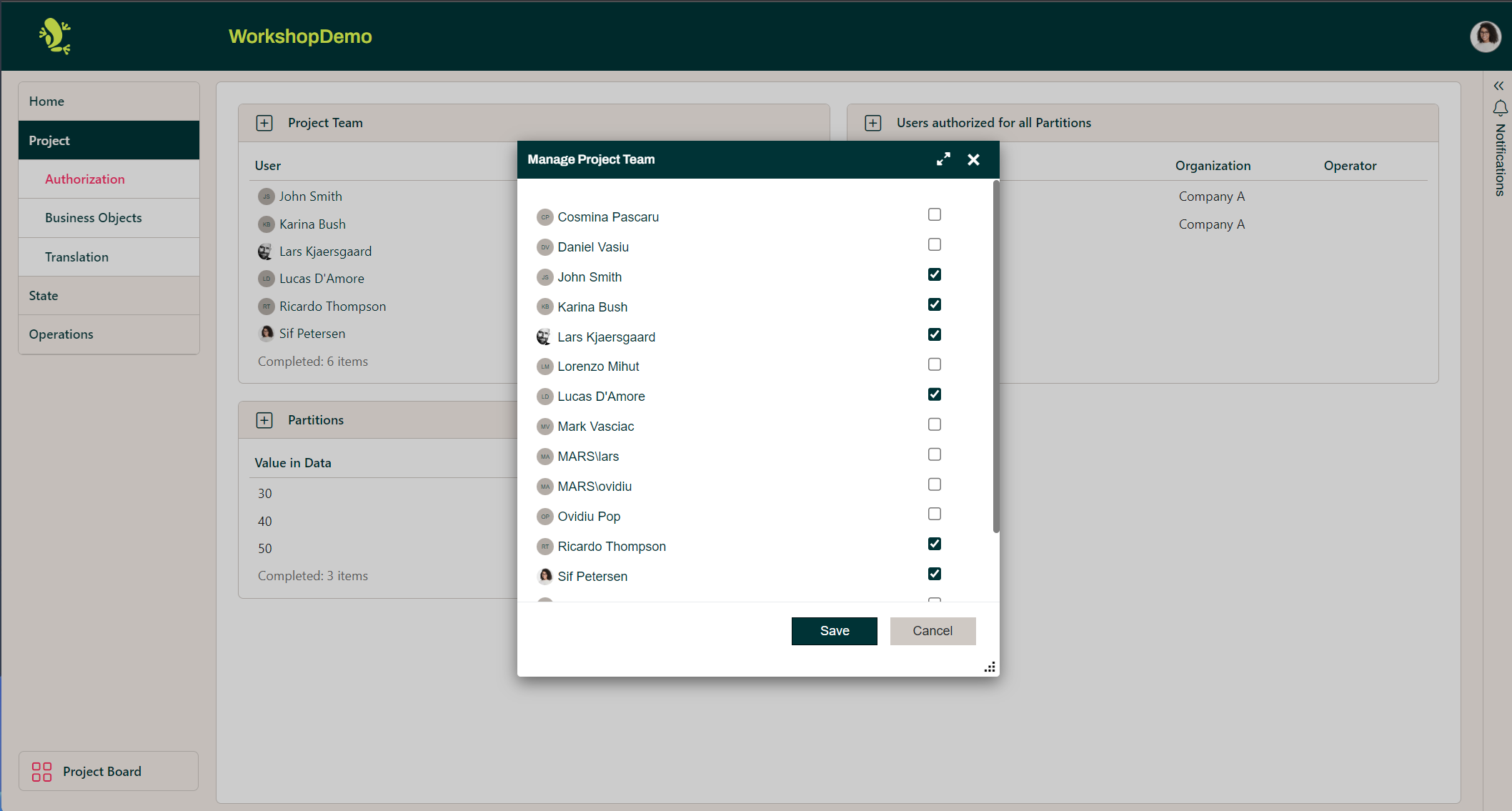 Manage Project Team dialog