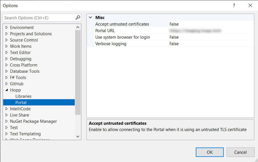 Visual Studio Portal Options