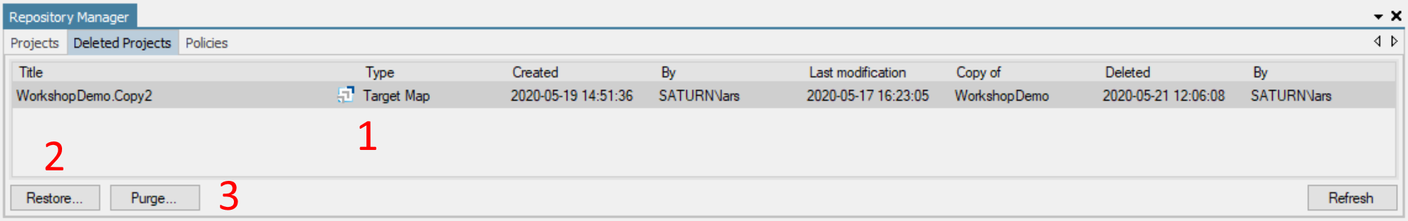 Studio Repository RepoManager Deleted Projects