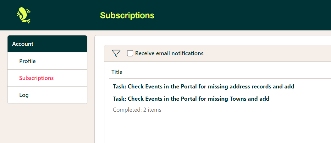 Subscriptions screen